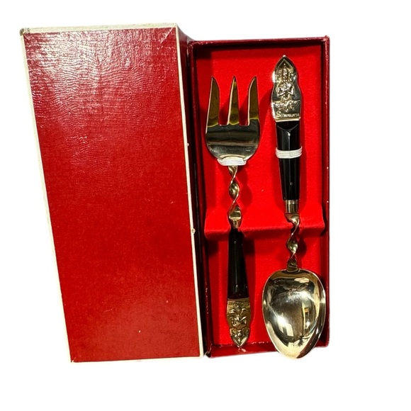 VTG Thailand Salad Serving Spoon Fork Bronze Gold Black 10” Meditating Figures - Picture 2 of 9